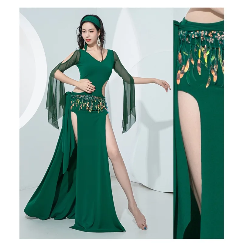 Aangepaste Buikdans Pak Pailletten Hippe Sjaal Folk Baladi Saidi Buikdansen Vrouwen Hoofdband + Gewaad + Veiligheidsbroek + Taille Handdoek 4 Stuks