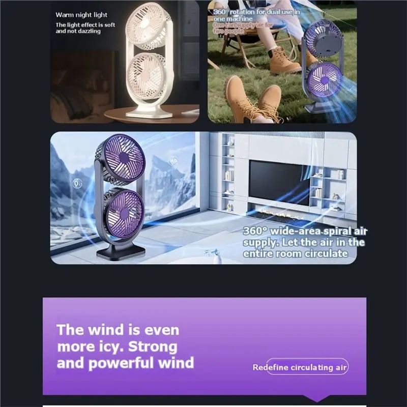 BABZ Low Noise USB Rechargeable Dual Head Desktop Fan with Night Light, Personal Cooling Fan for Indoor/Outdoor, Starry Gray