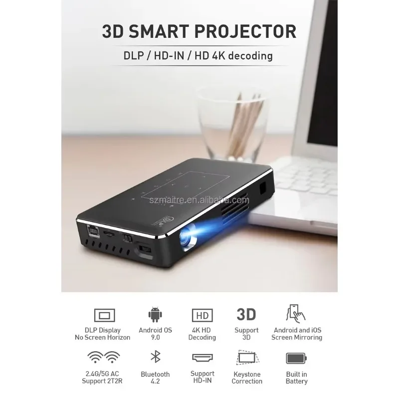 HD 4K Decoding for DLP Display Support 3D Videos Smart Projectors P10 II Black Box Android System for Online Playing