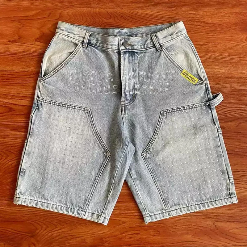 COUGH SYRUP High Street Vintage Fashion Rhinestone Print Washed Denim Shorts Summer