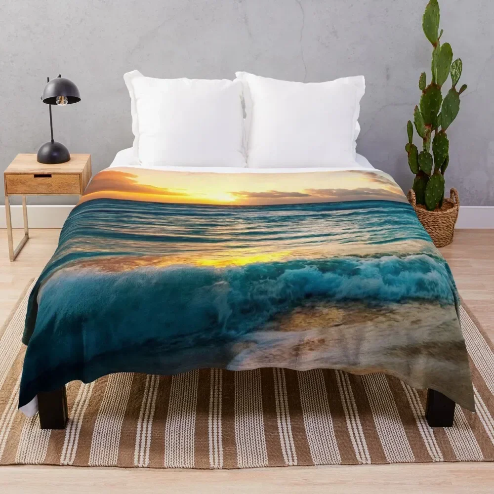 Blue deep ocean waves with sunset beach Throw Blanket Large Stuffeds Blankets