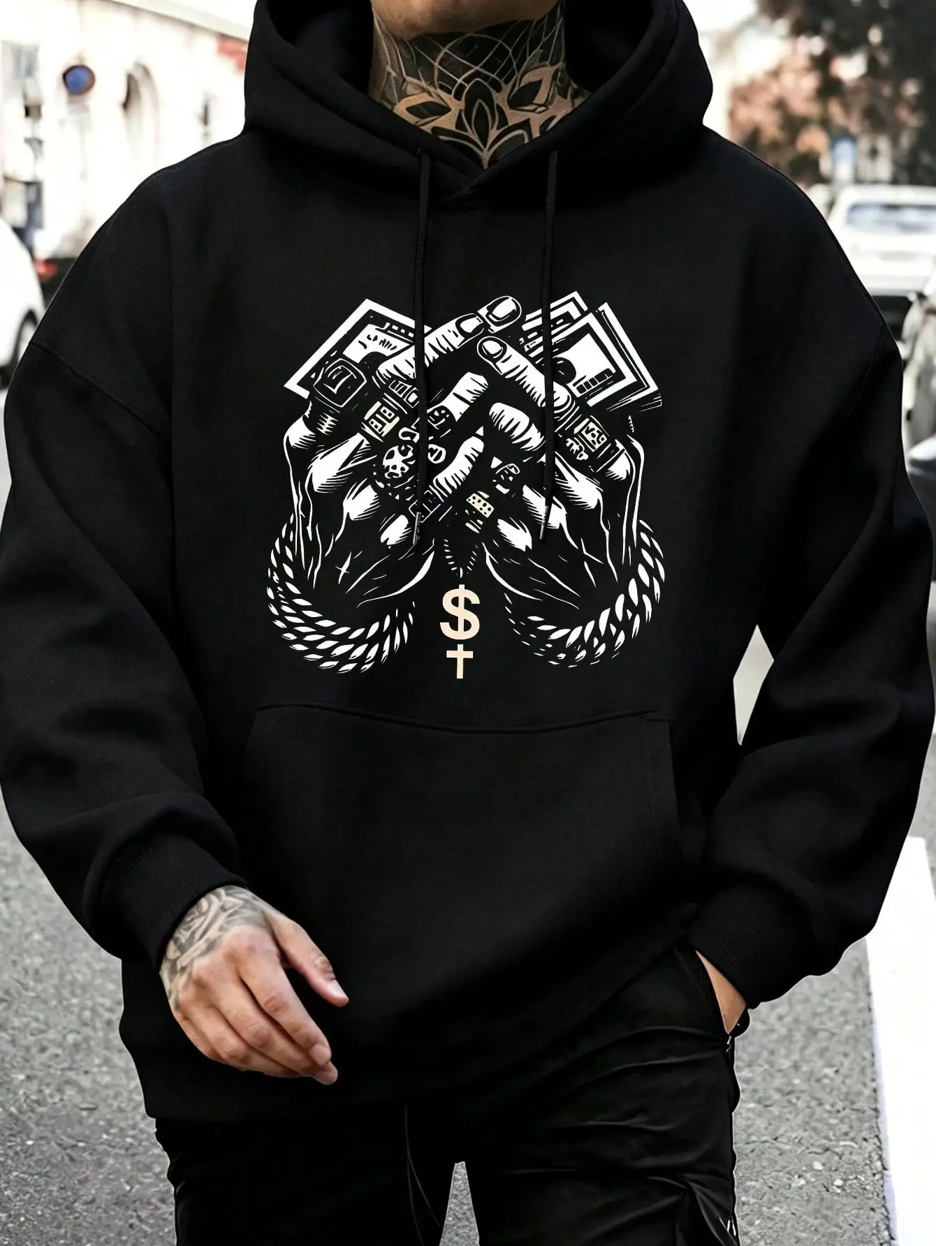 1pc Unisex Hoodie Money Hands Rich Print Black Hoodie,Hoodies For Men Lightweight Polyester, Drawstrings, Machine Washable