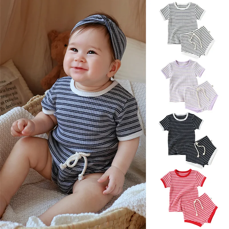 

0-4T Newborn Kid Baby Boy Girl Clothes Set Summer Striped Short Sleeve Top Shors Set Cototn Strech Two Piece Set Outfit