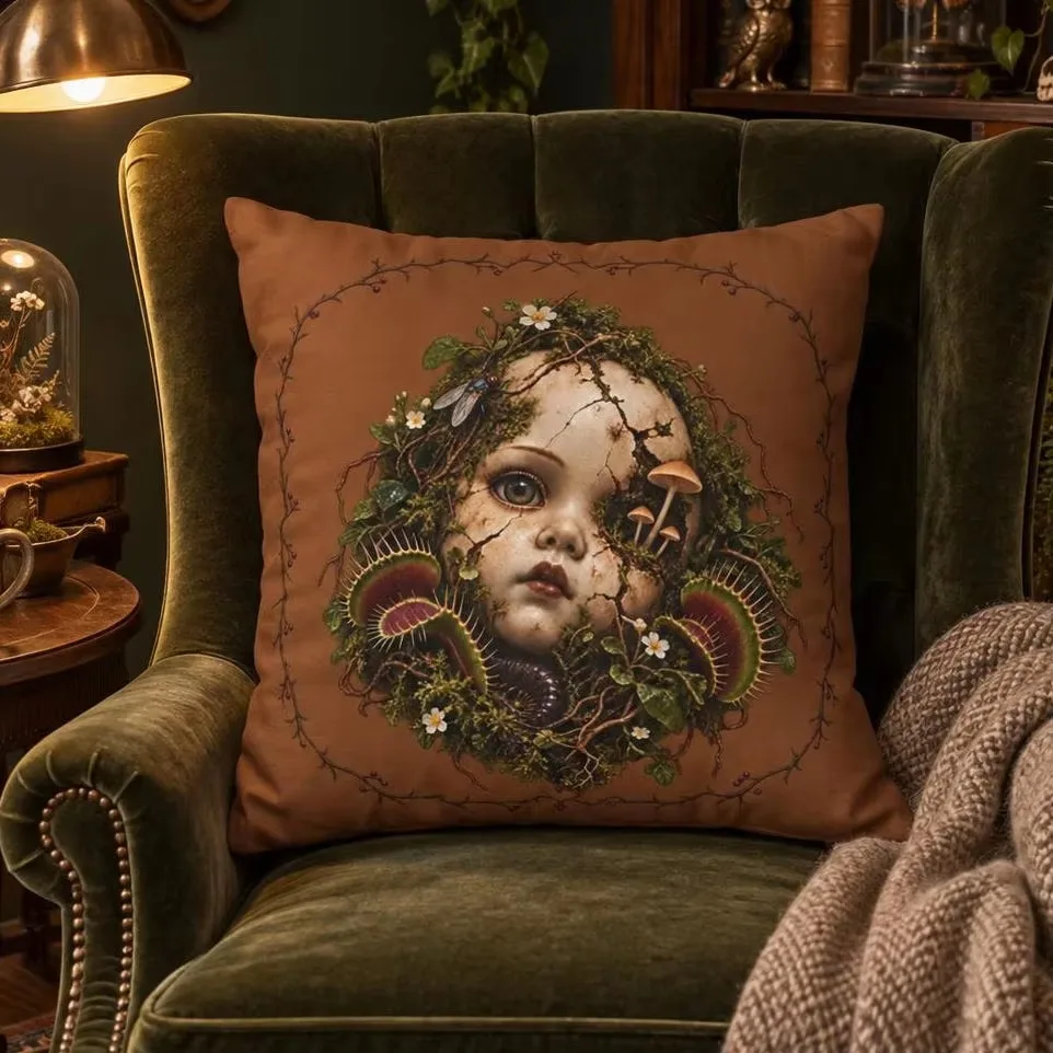Double Sided Haunted Doll Head Pillow Cover, Creepy Oddities Gift Polyester 2D Print for Living Room Sofa Home Decor