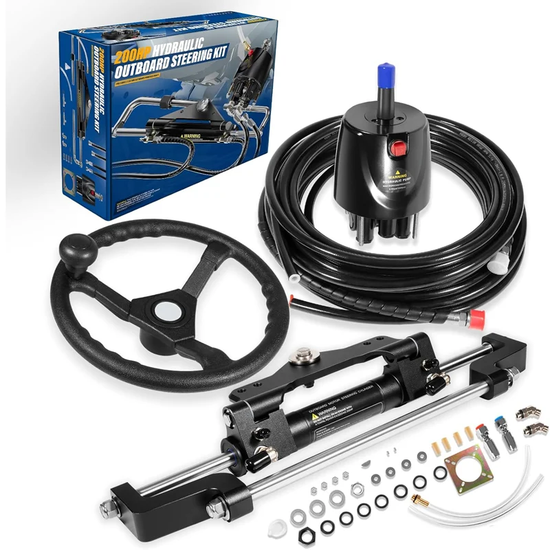 Complete 200HP Marine Hydraulic Steering Kit with Steering Wheel, Helm Pump, Hydraulic Cylinder, 26ft Nylon Hoses