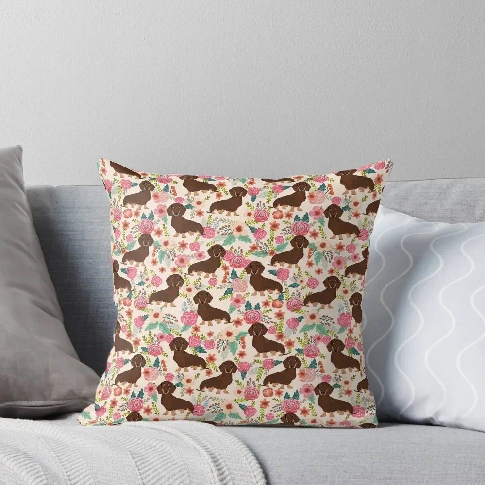 Doxie Florals - vintage doxie and florals gift gifts for dog lovers, dachshund decor, chocolate and tan doxie Throw Pillow