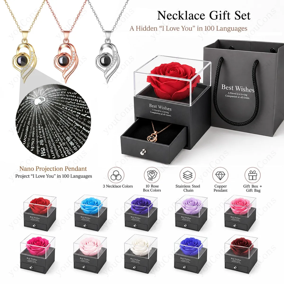 100 Languages I Love You Projection Necklace Geometry Pendant With Multi Color Rose Gift Box Valentine's Birthday For Women