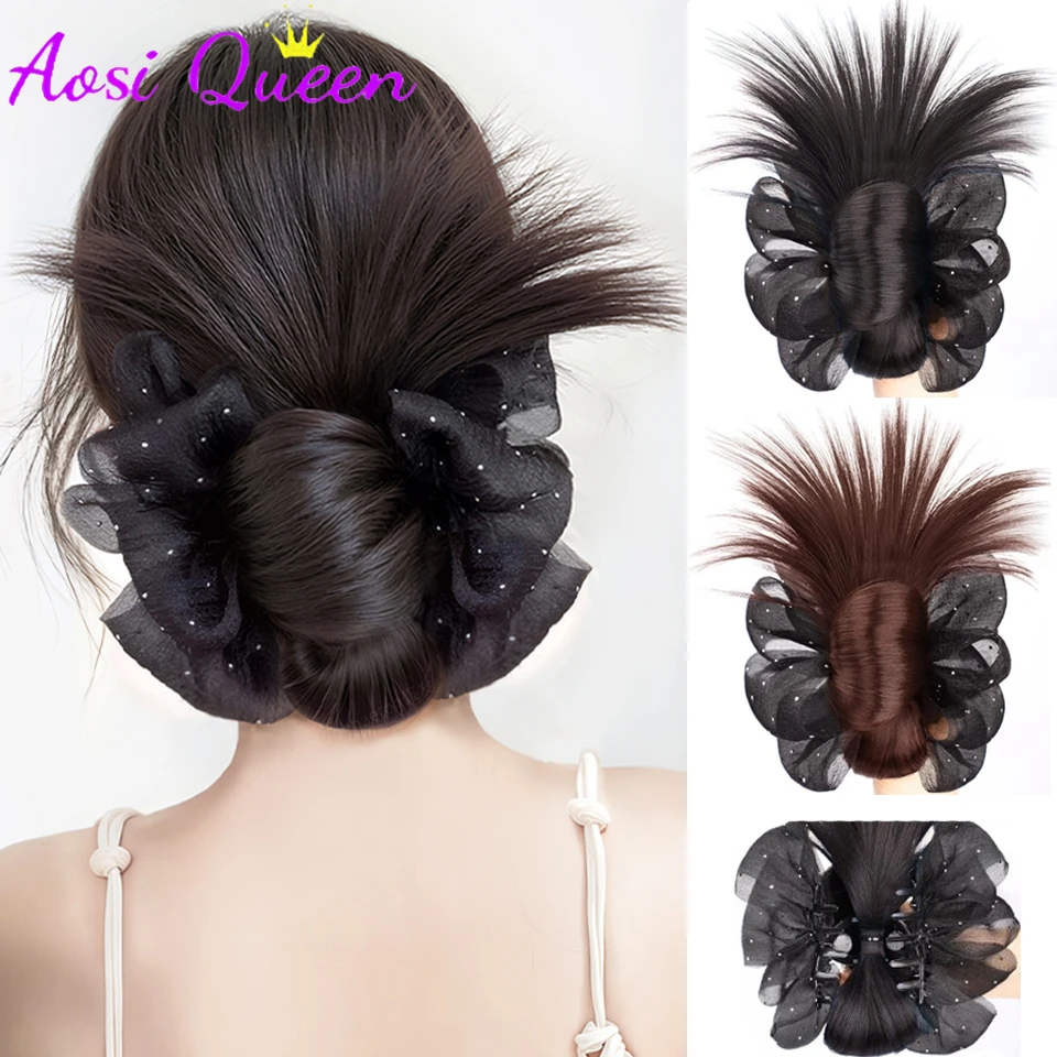 AOSIQUEEN Synthetic Wig Claw Clip Low Ball Head Wig Female Bun Hair Bag Shape Natural Fluffy Chicken Feather Wig Bag for Women