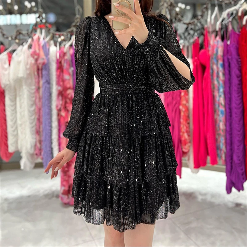 Sexy V Neck Long Sleeve Hollow Out Mini Dress Sparkling Sequins Autumn Ladies Dress Fashion Ladies High Waist Pleated Cake Dress