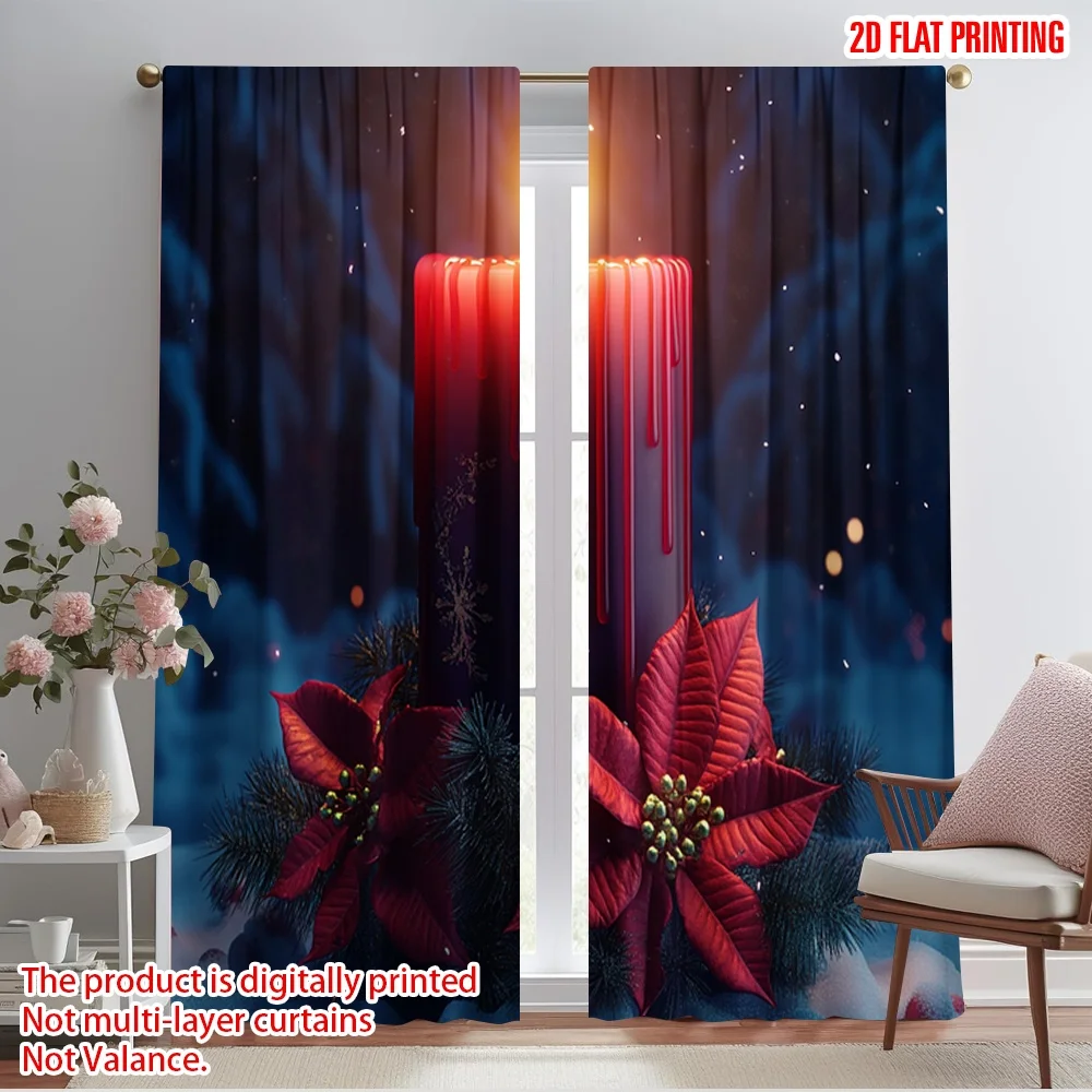 2pcs,2D plane printing Curtains&Window Treatment Candle Christmas Poinsettia Wreath (4) Versatile 100% Polyester (without rod)