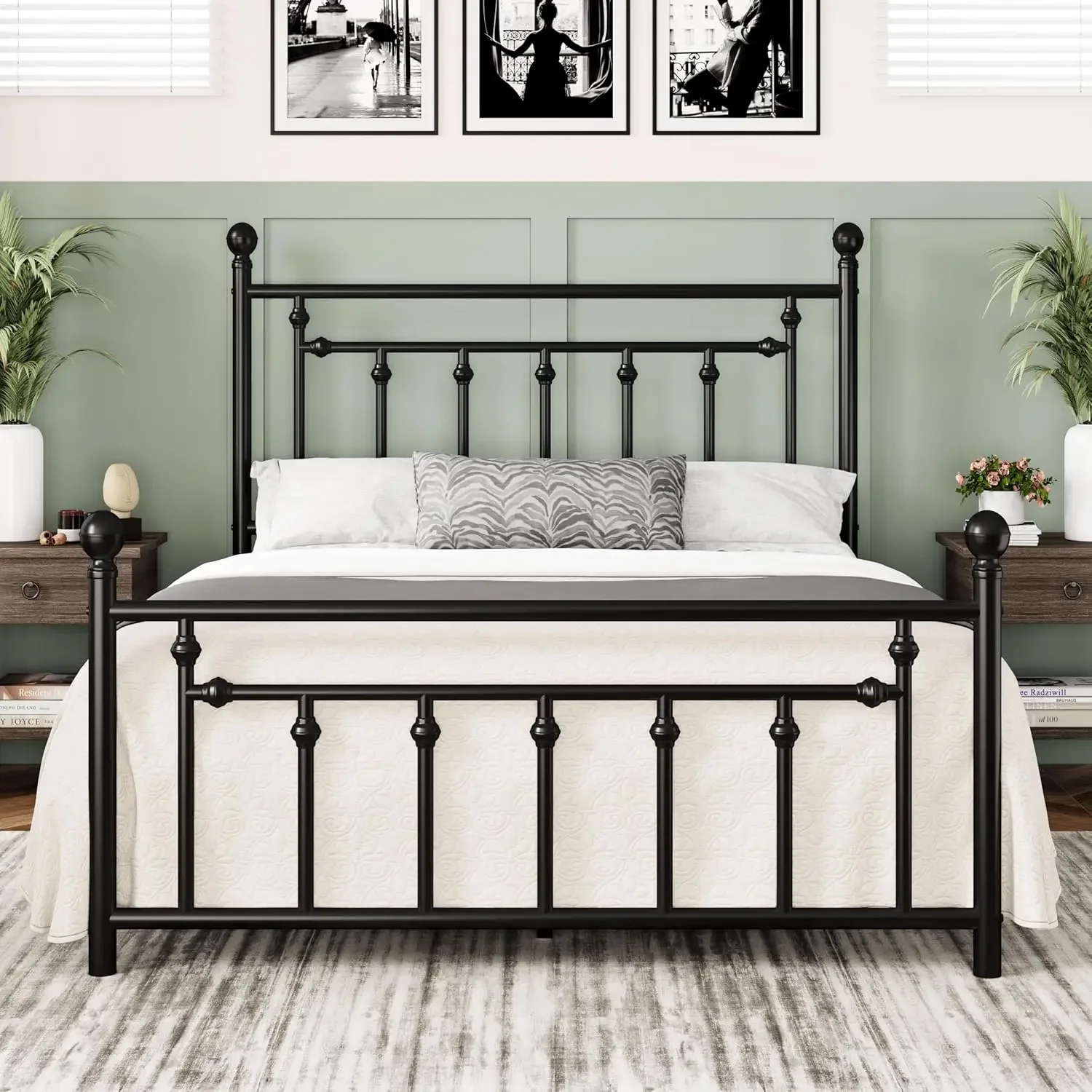 Allewie 14 Inch Queen Size Metal Platform Bed Frame with Victorian Vintage Headboard and Footboard/Mattress Foundation/Under
