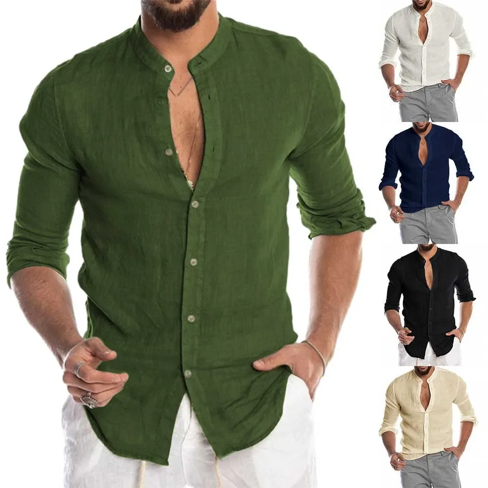 Camisas de manga comprida de linho monocromática masculina, tops soltos, moda praia vintage, primavera e verão, novidade