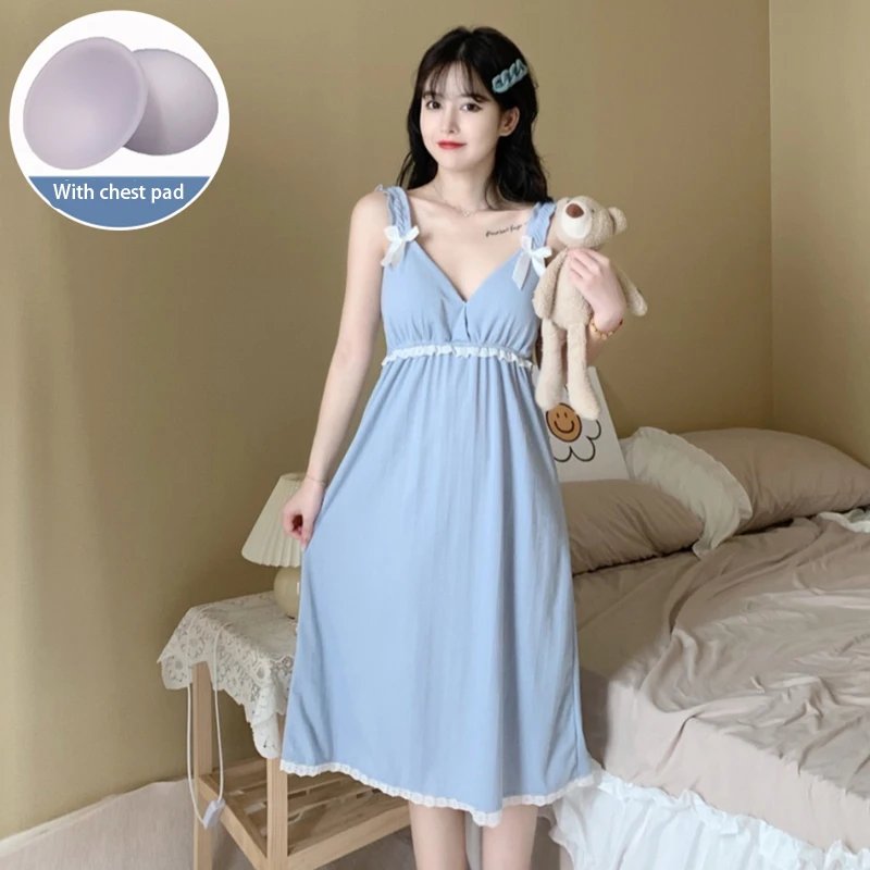 

V-neck chest pad nightdress women's summer new cotton princess style Korean version sexy sweet and cute nightdress home service