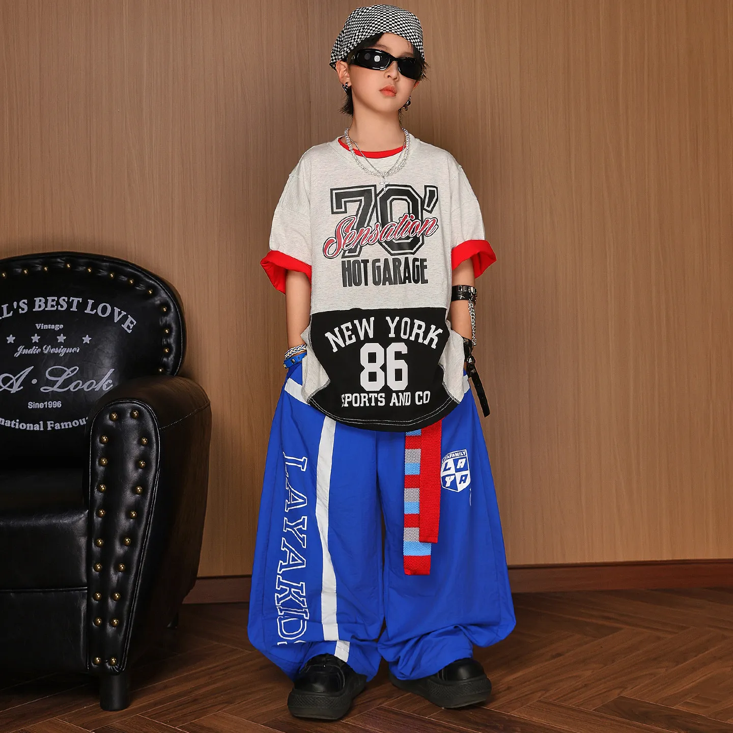 

Fashion Jazz Dance Costumes For Girls Loose Shirts Blue Pants Outfits Children Hip Hop Dance Performance Rave Clothes DQS23491