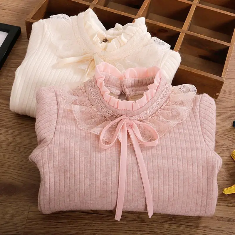 Girls Thick Knitted Sweater Autumn Winter New Item Girls Bow Lace Collar Long Sleeved T-Shirt Children's Sweater Base Shirt Tops