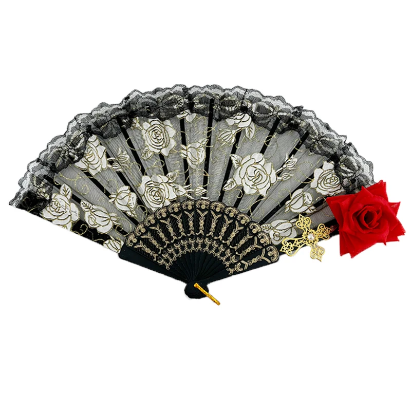 

Halloween Costumes Accessory Lace Rose Fan Girls Women Ladies Dancing Costumes Props Hand Fan Nightclub Bar Decor Fan