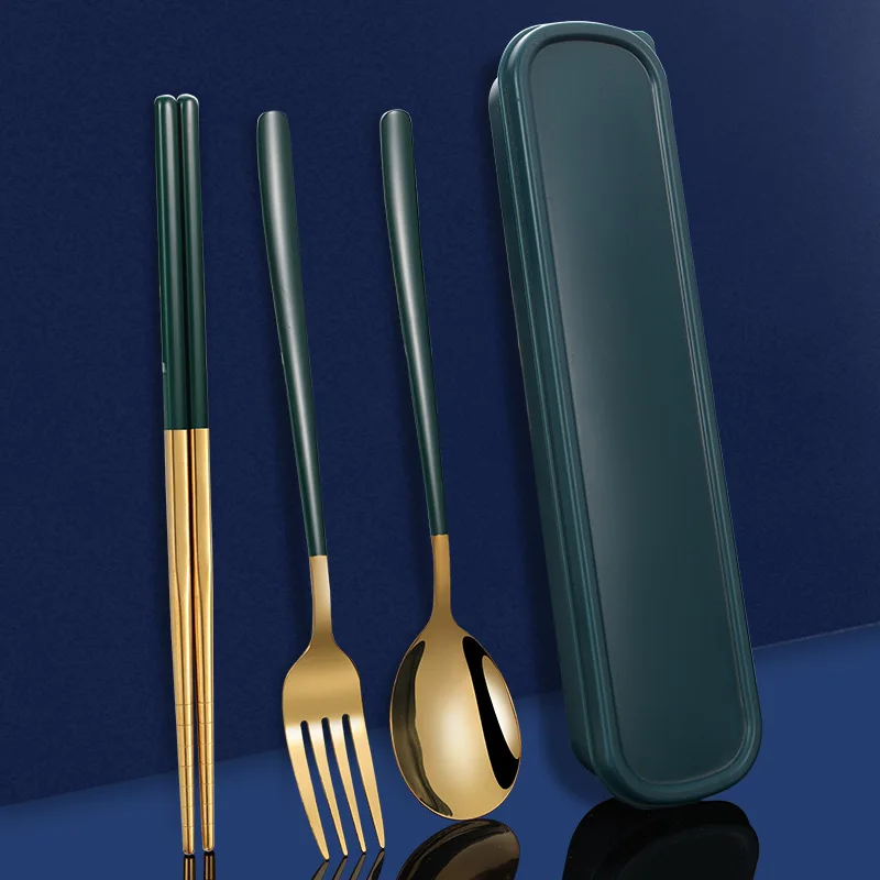 3pcs 3set Tableware Set Stainless Steel Chopsticks Fork Spoon Set Travel Flatware Lunch Tableware Kitchen Accessories With Box view 3