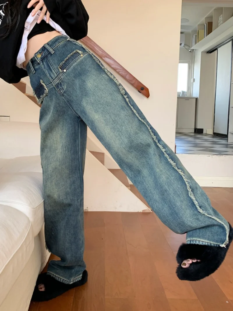 

2023 New Spring Blue Vintage Jeans Women Streetwear Casual Baggy Y2K Denim Pants Female Korean Fashion Straight Wide Leg Pants