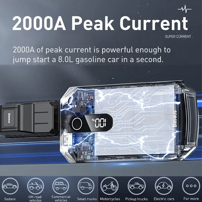 Baseus 20000mAh Car Jump Starter Power Bank 2000A 20000mAh Car Battery Charger Auto Emergency Booster Starting Device Jump Start