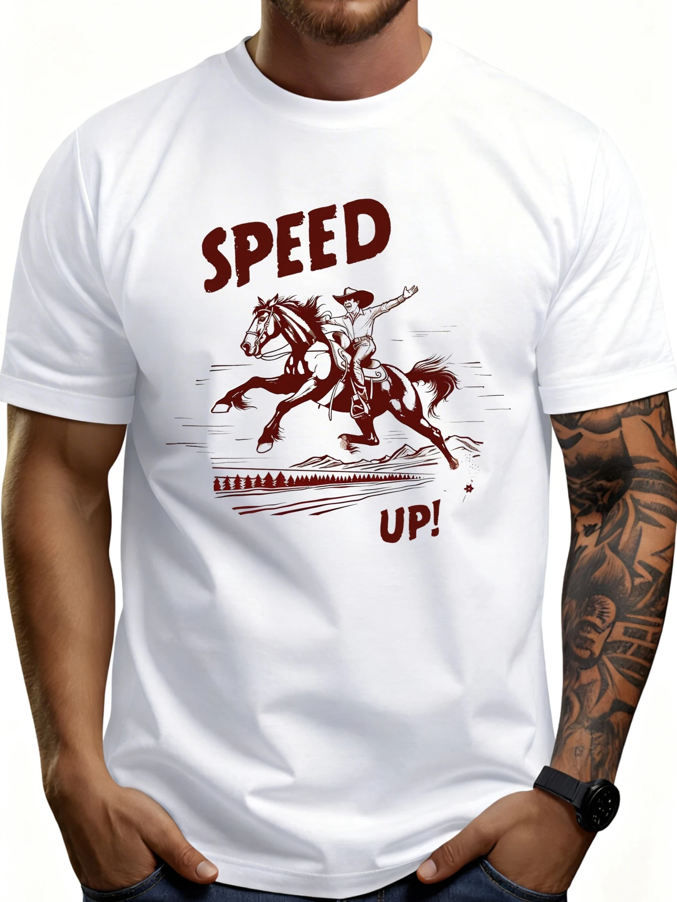 Western-Style Men's T-Shirt with a Horse-Riding Cowboy and Speed-Themed Print, Summer Casual Wear, Suitable as a Gift for Girls Who Like Cowboys
