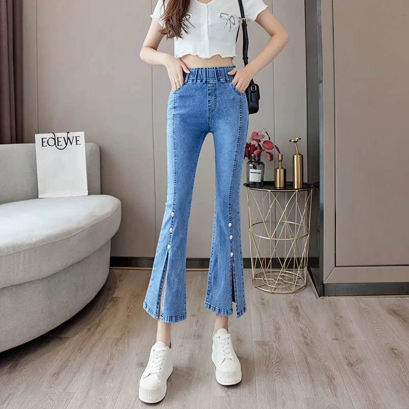 

2022 New High-Waisted Small Man Is Thin And Tall Of The Flared Pants Willow Nails Slit Micro-Bladed Jeans Women Spring Summer A1