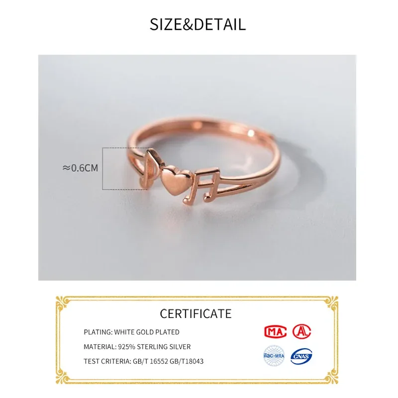 Real 925 Sterling Silver Heart Musical Note Adjustable Ring for Women Trendy Fine Jewelry Minimalist Personality Accessories