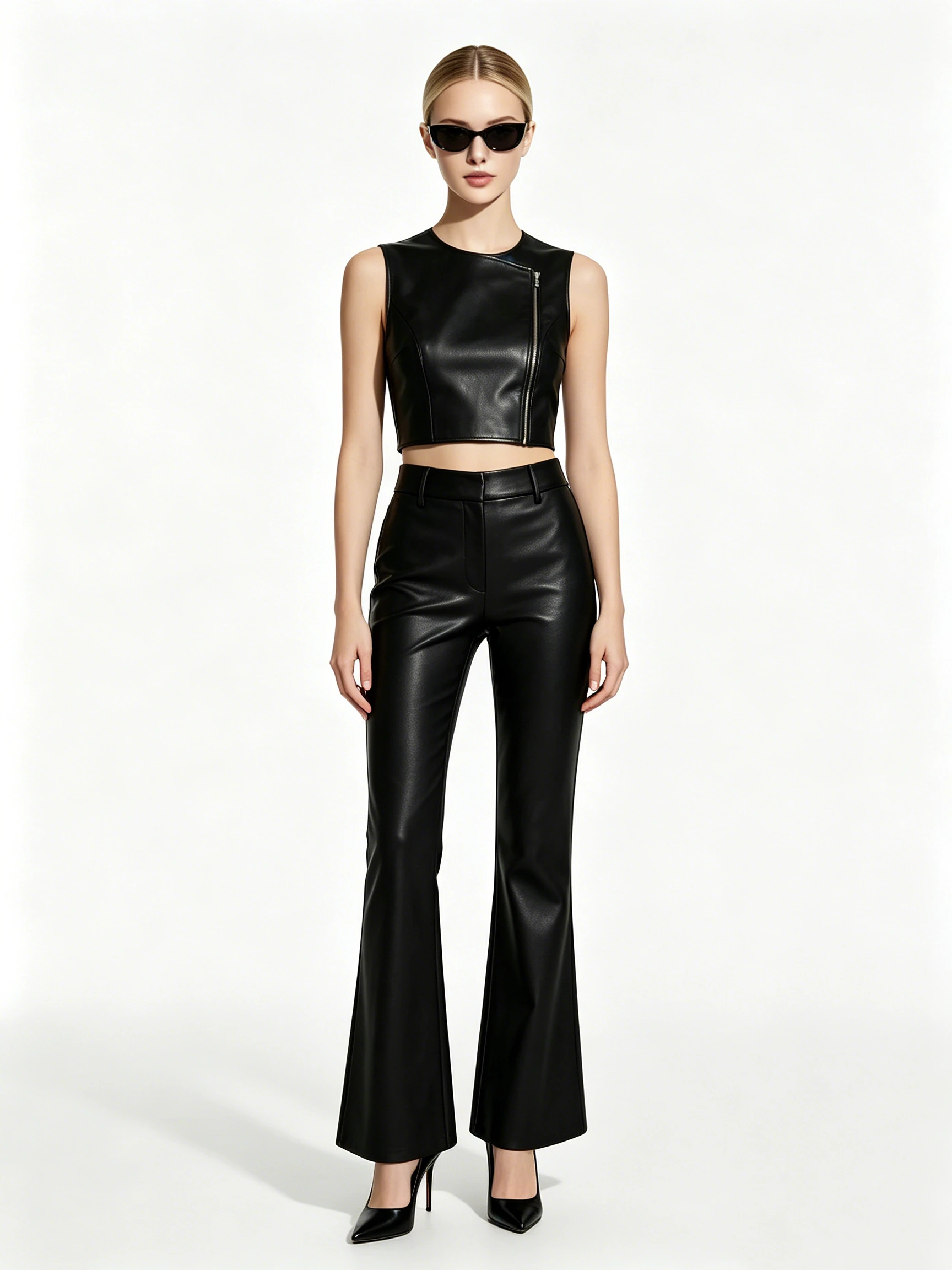 Women's Faux Leather 2-Piece Set with Asymmetrical Zipper Crop Top and High-Waisted Flare Pants