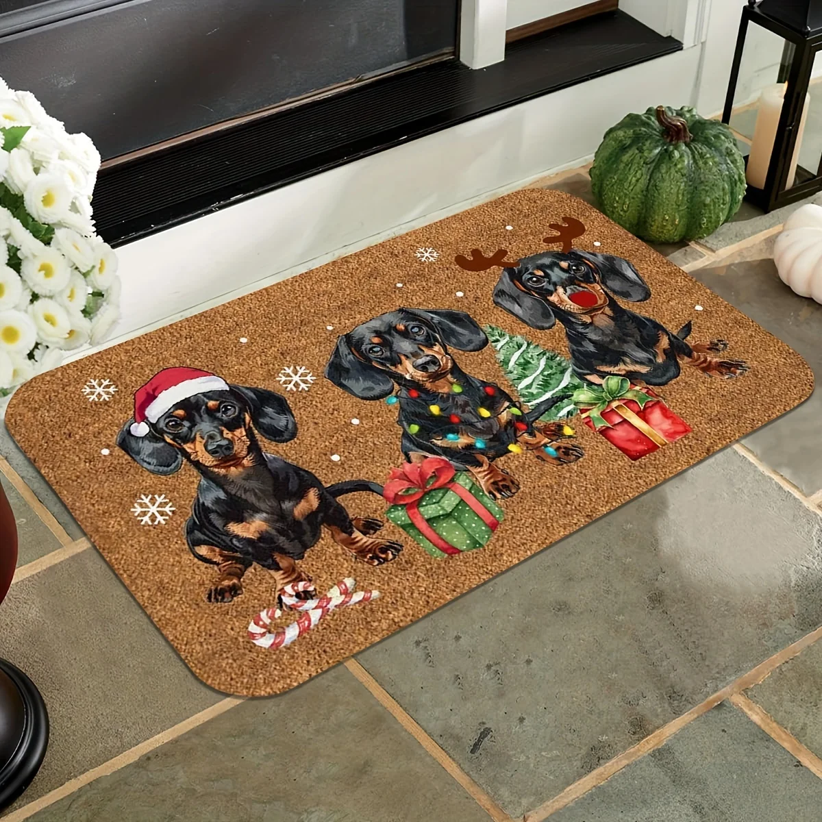 Merry Christmas Front Door Mat Grinch Style Green Xmas Tree Santa Hat Print Decor Doormat for Indoor Entryway Holiday Home Decor