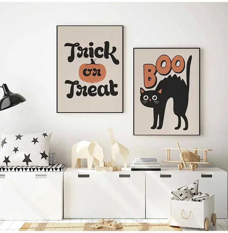 Cute Rascal Canvas Prints Ghost Cats Jack-o-lanterns Halloween Wall Art Posters for Modern Living Room Kitchen Autumn Home Decor