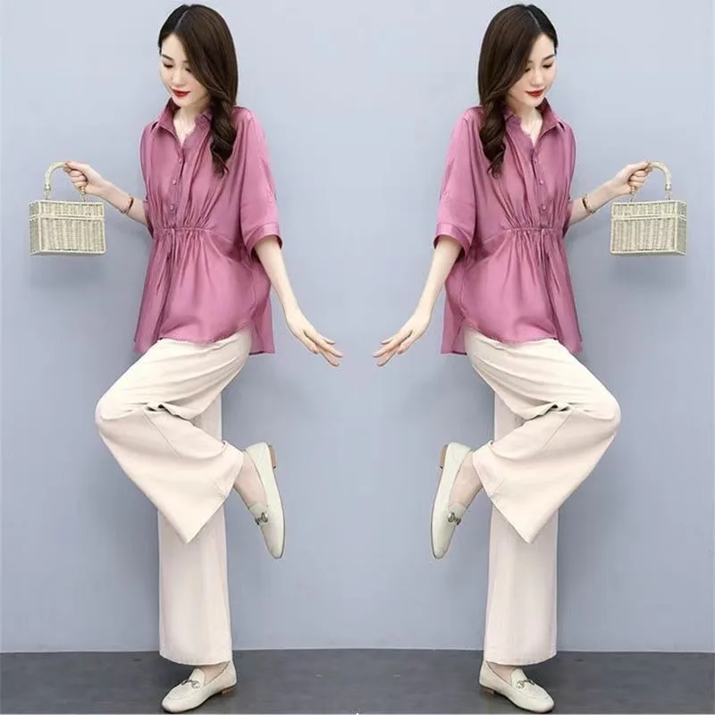 

2025 Summer Cotton Linen Half Sleeve Shirts Wide Leg Pants 2 Piece Suits Women Casual Blouse Trousers Set Lady Graceful Clothing