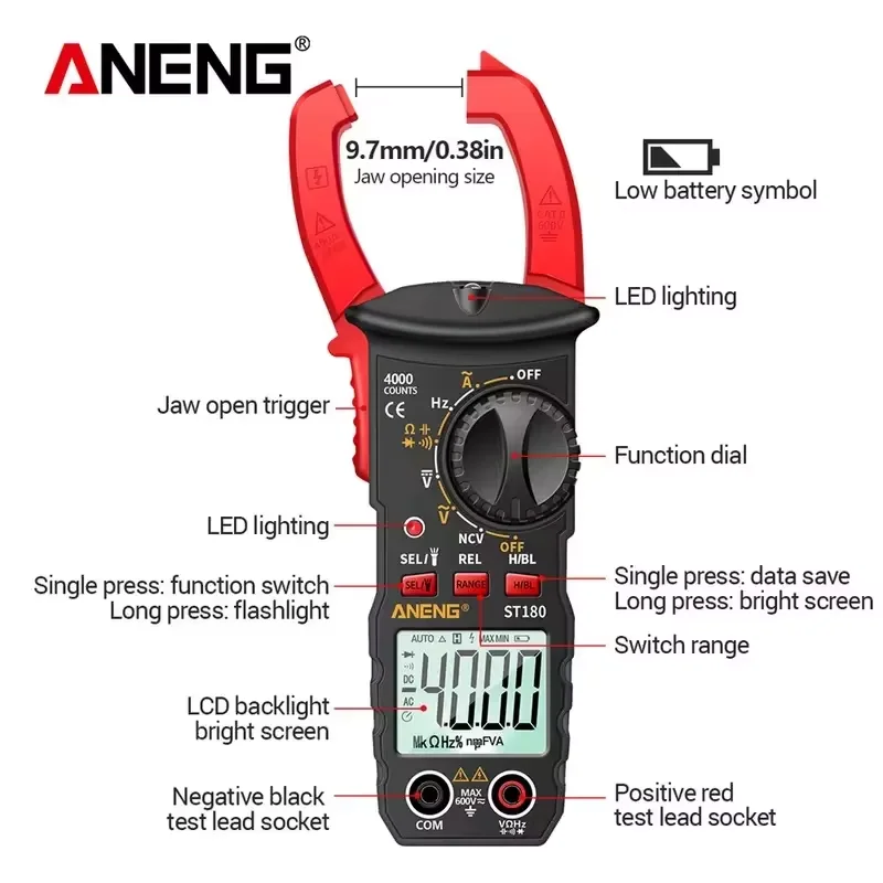 ANENG ST180 4000 Counts Digital Clamp Meter AC Current Multimeter Ammeter Voltage Tester Car Amp Hz Capacitance NCV Ohm Tool 1pc