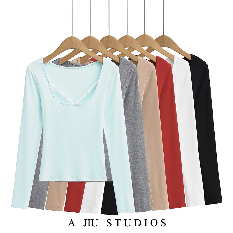 

Sexy Spicy ort Sve T-irt Women's Slim Fit Square Collar Long Sve Cross Design Spring Autumn New Sle Base irt