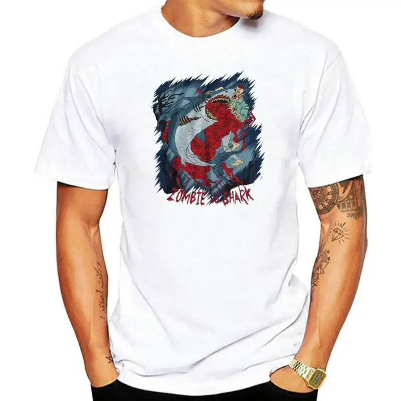 Zombie Vs Great White Shark Epic Fight Blood Brains Mens T-Shirt Comfortable t shirt Casual Short Sleeve Print tees cheap wholes