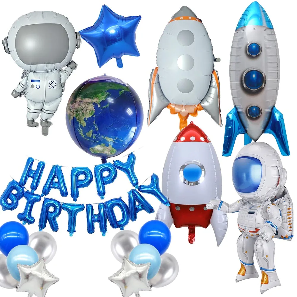 Weltraum-Astronaut Raketen-Ballon Blau Silber Stern Erde Luftballons für Jungen Geburtstagsparty Deko Galaxie-Thema Babyparty-Zubehör