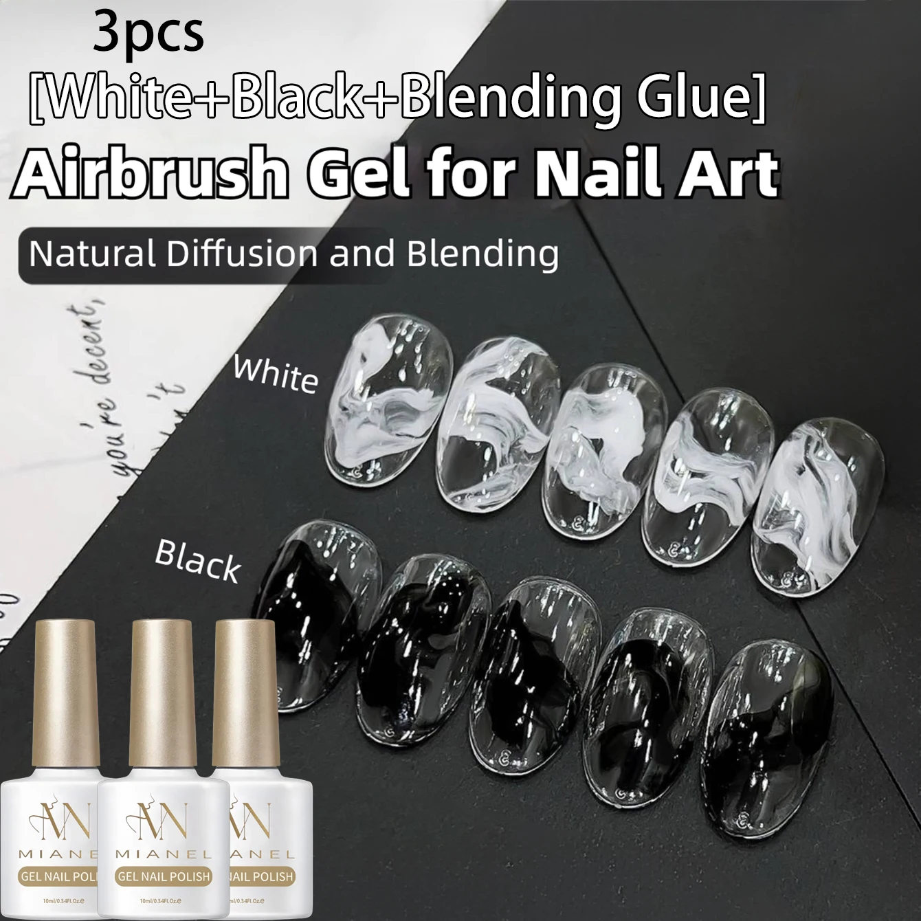 Weißes, schwarzes Nagel-Air-Dye-Gel mit zarter Textur, das die Farbe schnell auftragen lässt und natürliche Farbverlaufseffekte erzeugt. Nagelzubehör