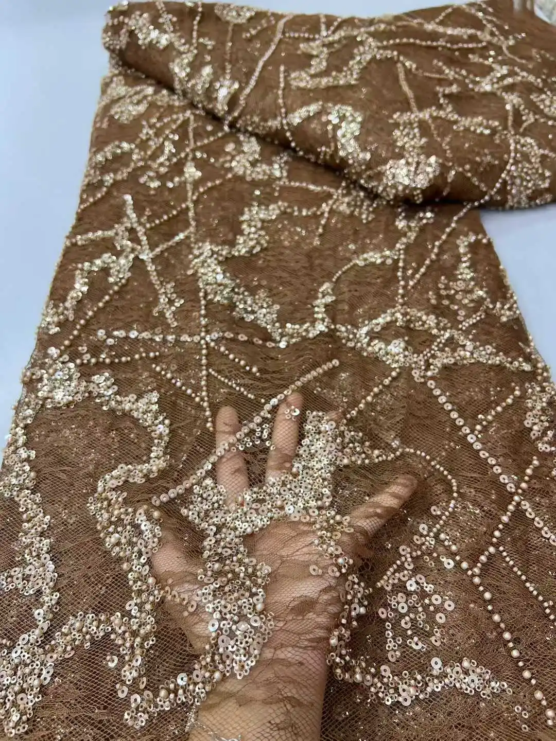 

High-Quality Beaded Lace Fabric French Mesh with Sequins African Bridal Net Fabric 2025 Style for Wedding Dresses And Special Oc