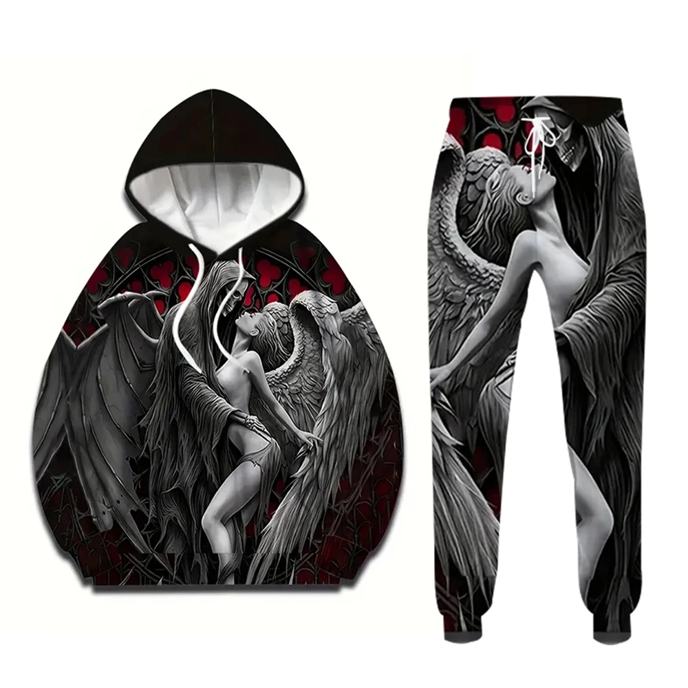 Black and White Demon 3D Printed Retro 2-Piece Hooded Sweatpants for Men Fall/winter Casual Street Retro Men Fashion Sweatshirt