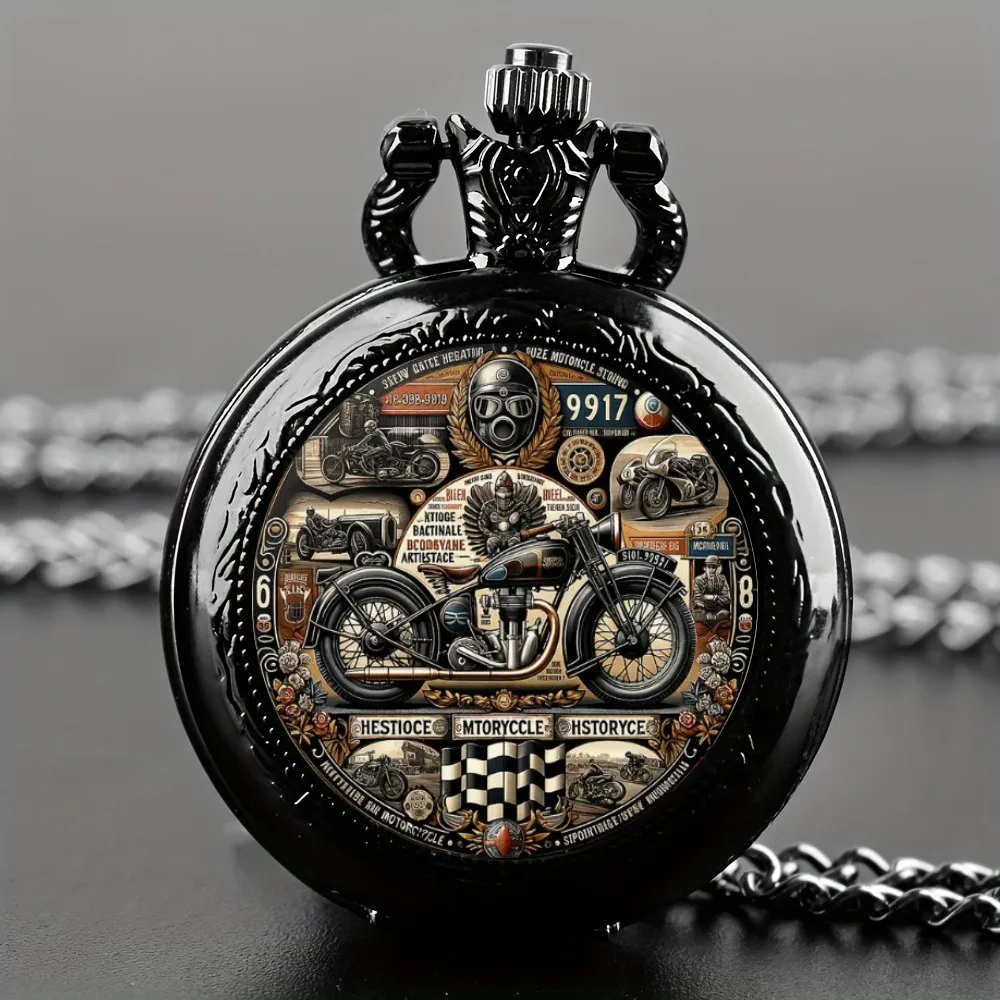 Vintage Motorcycle Pattern Design Quartz Pocket Watch - Men Male Kids Fashion Accessory, Non-Waterproof with World Time Feature