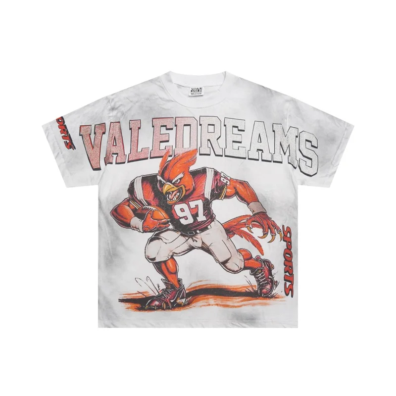 VALLEY White Oversized Short Sleeve Funny Animal Rugby Player Print Vale Hot Diamond Letter Logo Tshirts