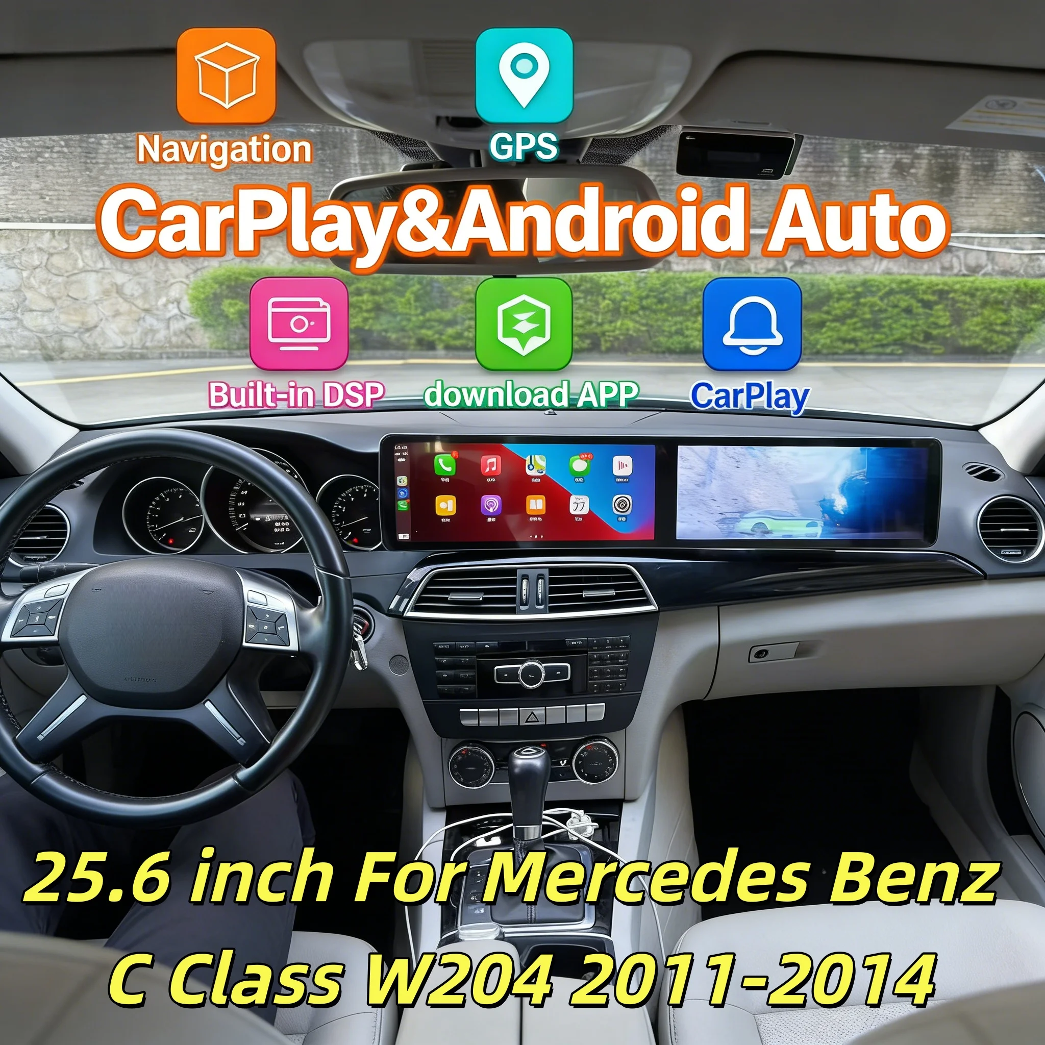

25.6 inch Multimedia Android video Player For Mercedes Benz C Class W204 2011-2014 Wireless CarPlay 4G WiFi Bluetooth RHD LHD
