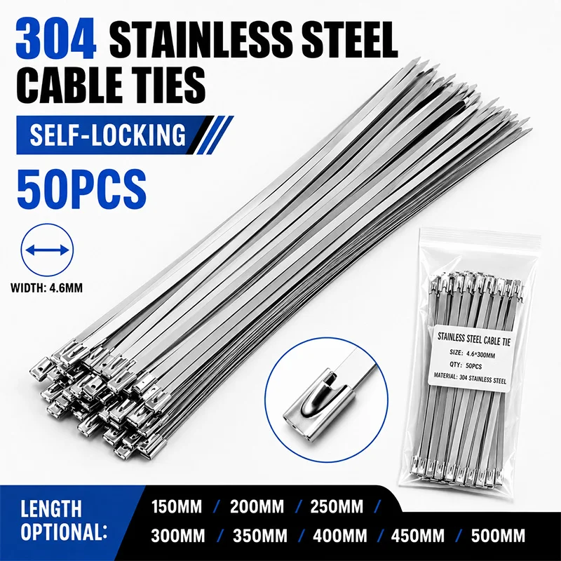 50Pcs 304 Stainless Steel Cable Ties 4.6mm Width 150-500mm Self Locking Metal Zip Ties for Exhaust Wrap Pipes Fence Outdoor Use