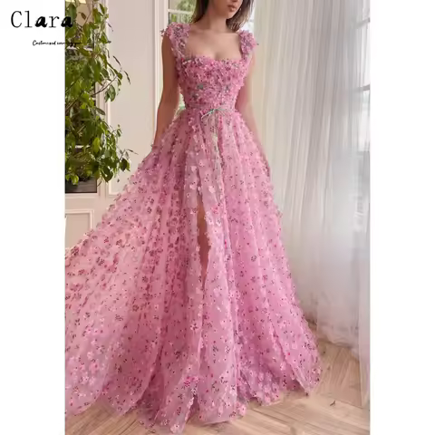 Clara Custom Pink Flowers Lace A Line Evening Dresses for Woman Party Wedding Prom Luxury Dresses 2025 Women Evening Dress Gala