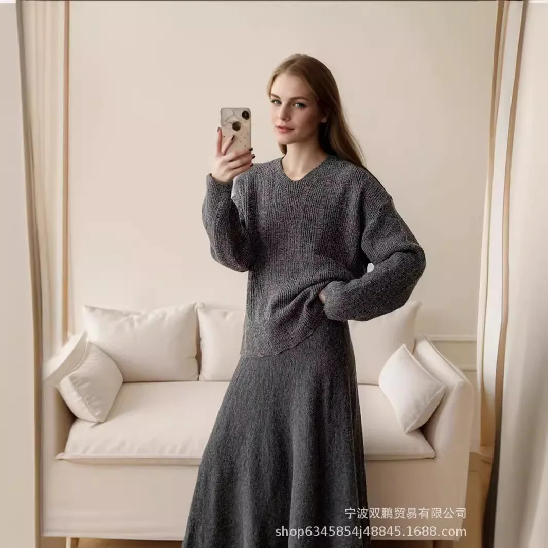 Autumn Winter Women's Knitted Two Piece Set Solid Color Elegant Loose V-neck Pullover Sweater Fishtail Skirt Sets Knitwear Suits