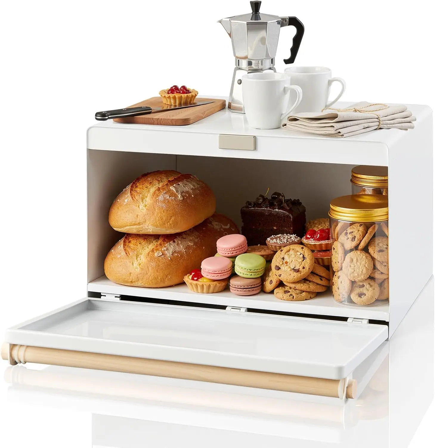 Slim Metal Bread Box with Wood Handle, Space-Saving Kitchen Storage Container for Countertops