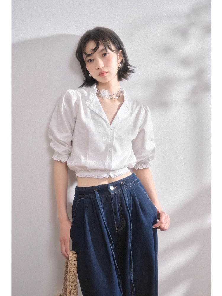 

Liparpa Lace Trim ort Sve irt Embroidered Patchwork e Chiffon Paneling Sophistied Upper Garment Cotton Blend