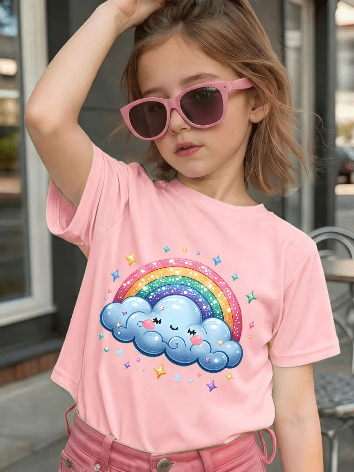 Cute Rainbow Cloud Stars Cartoon Graphic Kids Tee Boys Girls Family Matching Cotton Crew Neck Short Sleeve Soft Summer Tee