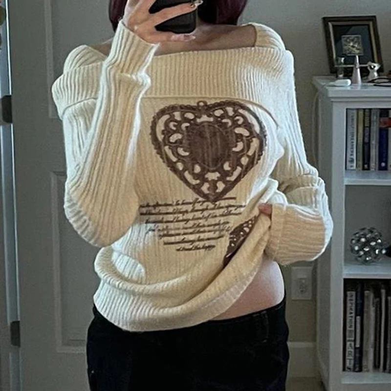 IAMHOTTY Y2K Heart Graphic Print Sweater Pullovers Women's Autumn Winter Slash Neck Knitting Top Harajuku Slim-fitting Knitwear