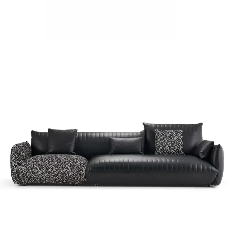 Design large flat-layer leather cloth color matching small apartment straight row villa corrugated sofa