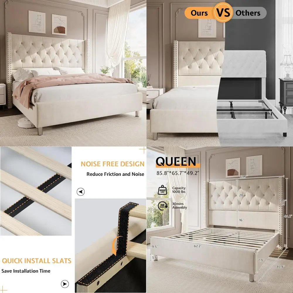 Jocisland Queen Size Upholstered Wingback Bed Frame with Velvet Tufted Headboard, Diamond Button Design, No Box Spring Required,