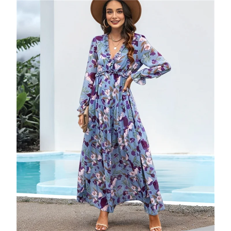 ASDS-Damska codzienna sukienka boho z głębokim dekoltem w serek i długim rękawem